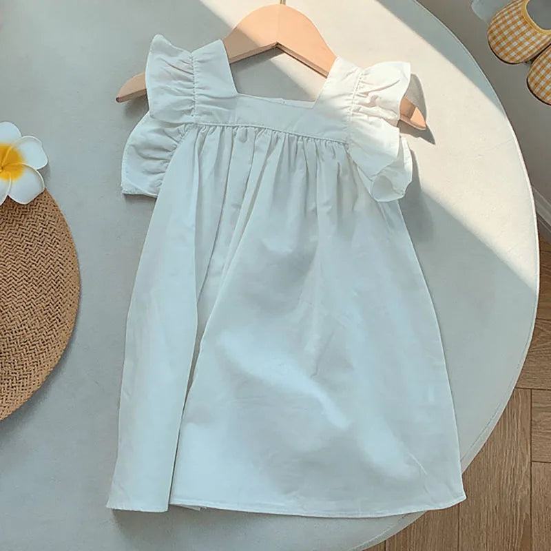 MILANCEL Girls Dresses 2024 Summer Little Fresh Kid's Flare Sleeve A-line Dress Simple Square Collar T-shirt Dress 2-7 Y