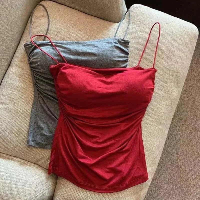 Built In Bra Camisole Tank Top For Women With Medium Stretch Cropped Sleeveless Vest