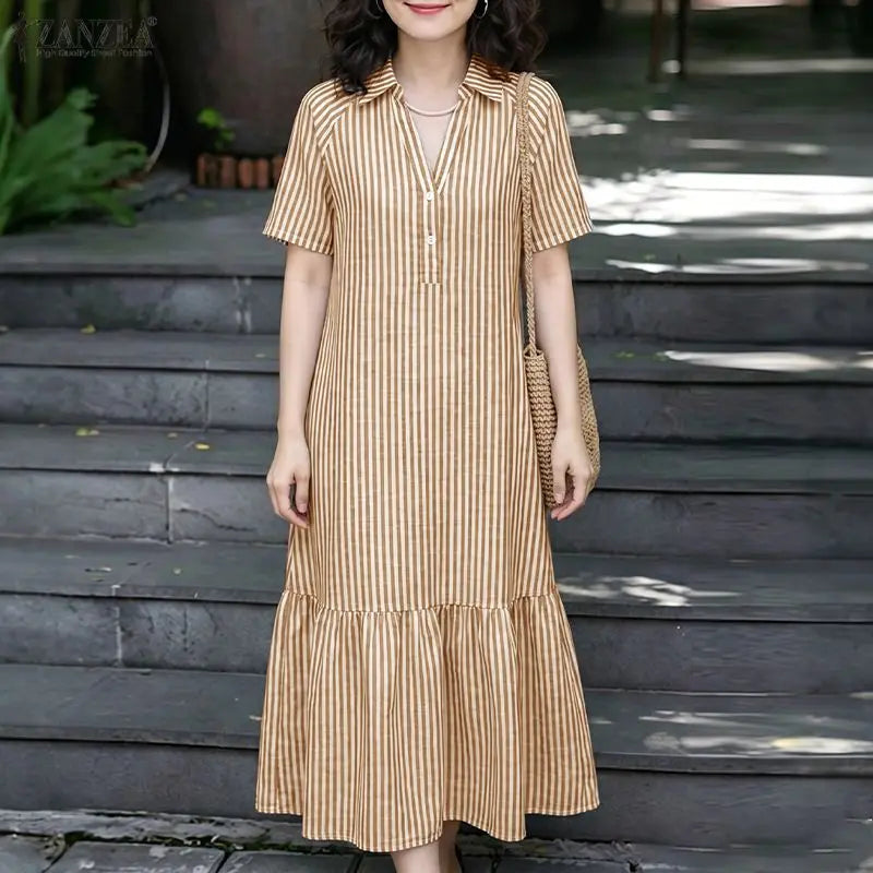 Women Summer Sundress ZANZEA Stylish Lapel Neck Striped Dress Elegant Short Sleeve Ruffled Hem Work Midi Dresses Baggy Robe 2026