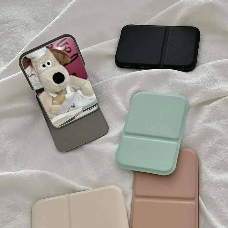 Desktop Makeup Mirror Foldable Portable PU Leather Compact For Students With Cute Solid Color