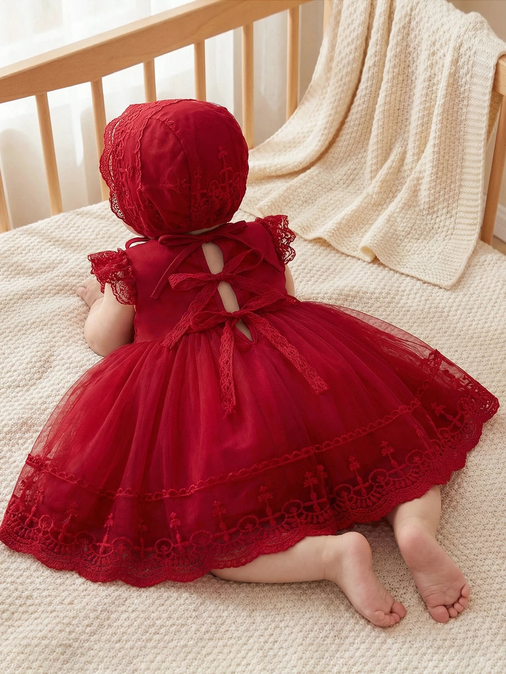 Baby Girl 0-2 Years Old Baby Wine Red Baptism Dress,Lace Net Skirt,Princess Dress,Wedding Flower Girl Dress,Birthday,With Hat