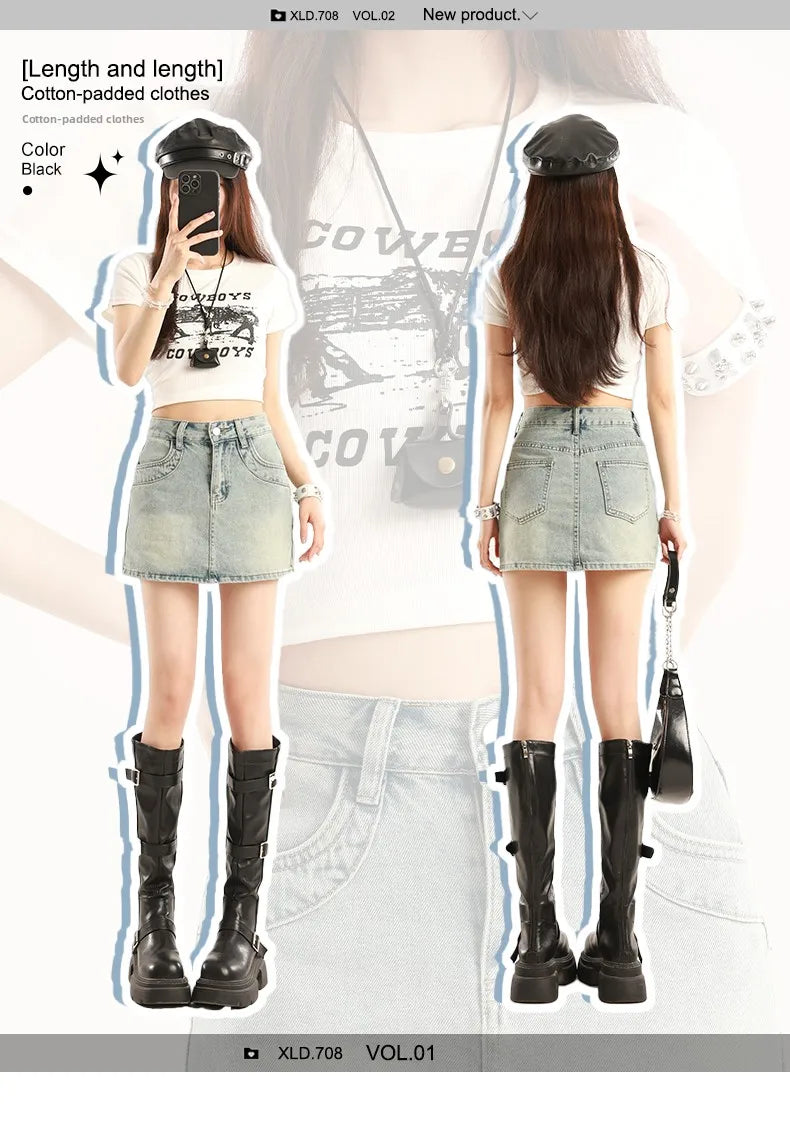 Light Blue Spicy Girl High Waist Denim  Skirt Women's A-Line Bodycon Short Skirt Summer New Style Slimming Anti-Light