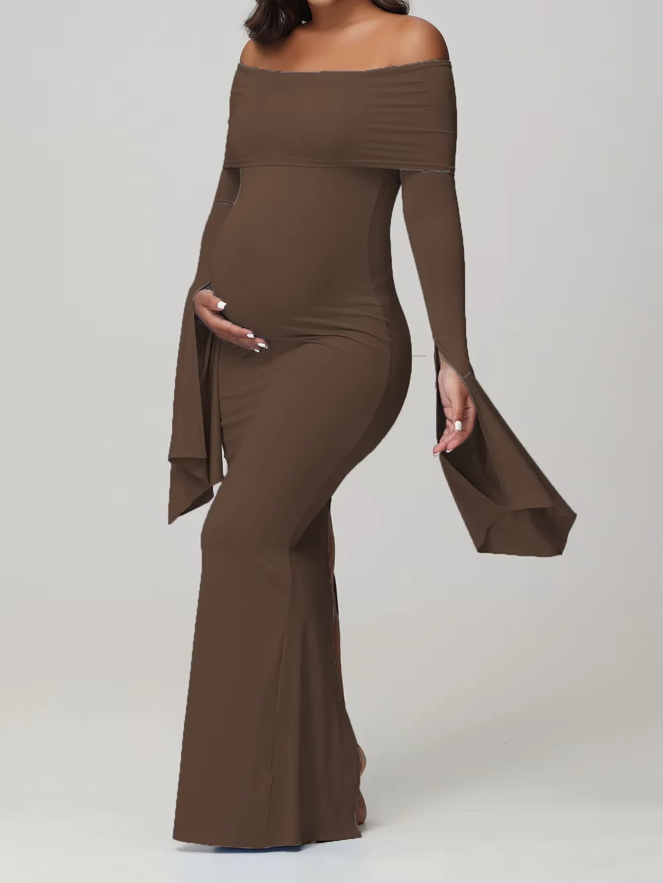 Off - Shoulder Bodycon Maternity Maxi Gown | Baby Shower Photoshoot