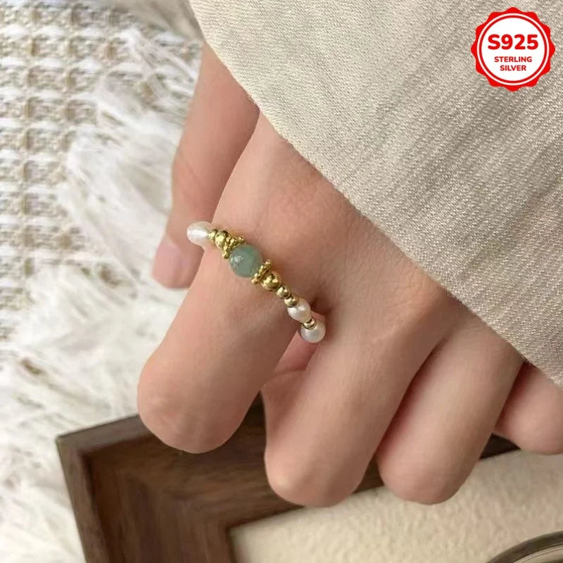 Fashionable Luxury 925 Silver Natural Stone Freshwater Pearl Women's Elastic Ring Daily Style Imves Fine Jewelry