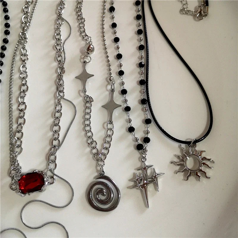 Punk Gothic Red Glass Cross Heart Pendant Pearl Necklace For Women'S Men Hip Hop Y2K 90S Short Choker Charms Jewelry Accessories