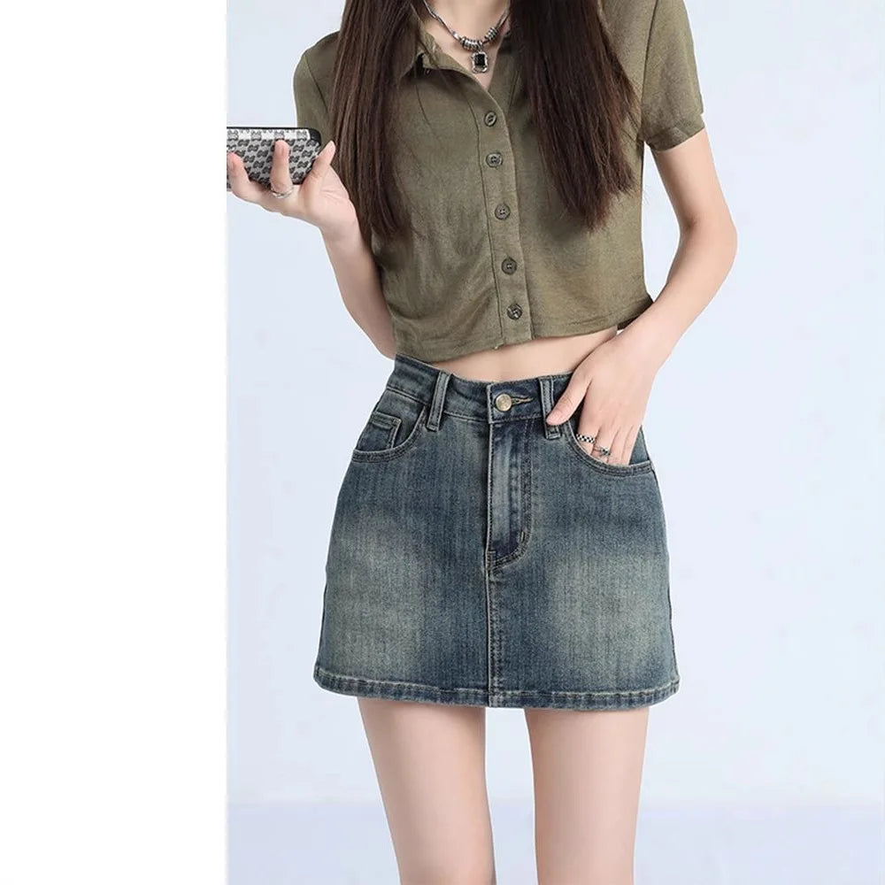 High Waist A-Line Mini Skirt Retro Spicy Girl Denim Women's Summer Slimming Anti-Light Half-length Skirt Street Style Trendy