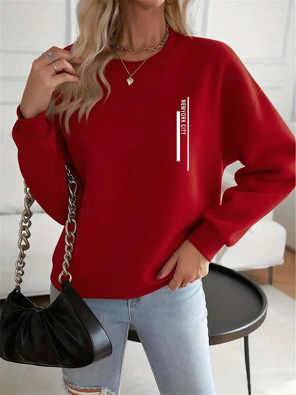 Women's Casual Heart Print Pullover Sweatshirt - Long Sleeve Knit