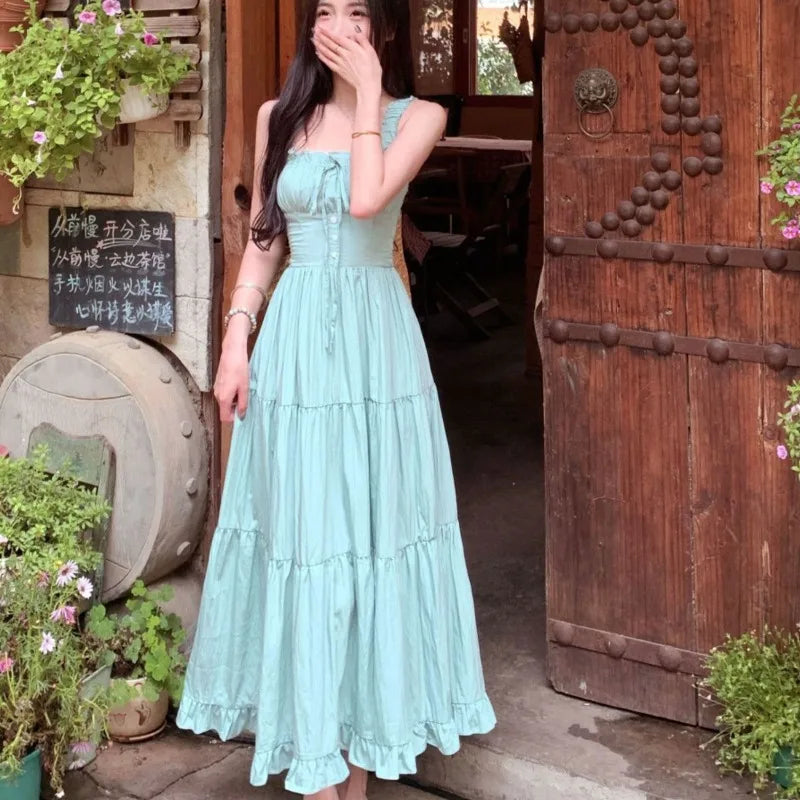 Sweet Long Dresses Beach Style Spring Summer A-line Elegant Women Dress Korean Fashion Sleeveless Ruffles Vestidos Mujer