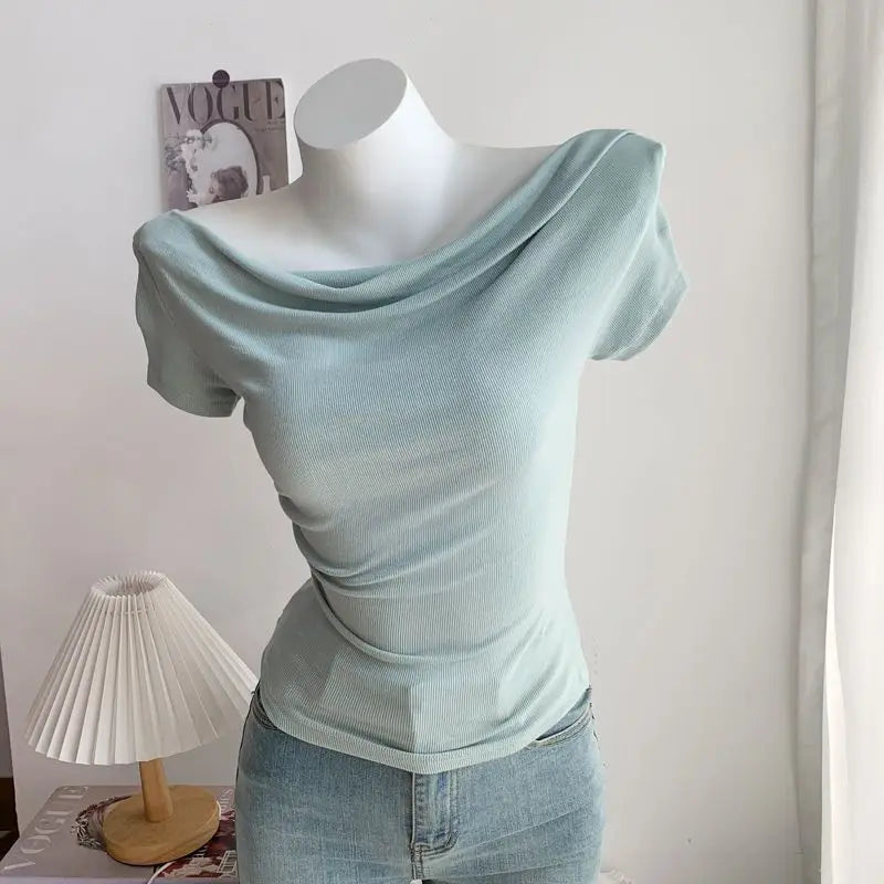 Summer Short Sleeve T-Shirt Shoulder Bared Open Neck Irregular Pleated Korean Style Slim Fit Pure Color Modal Fabric Ladies Top