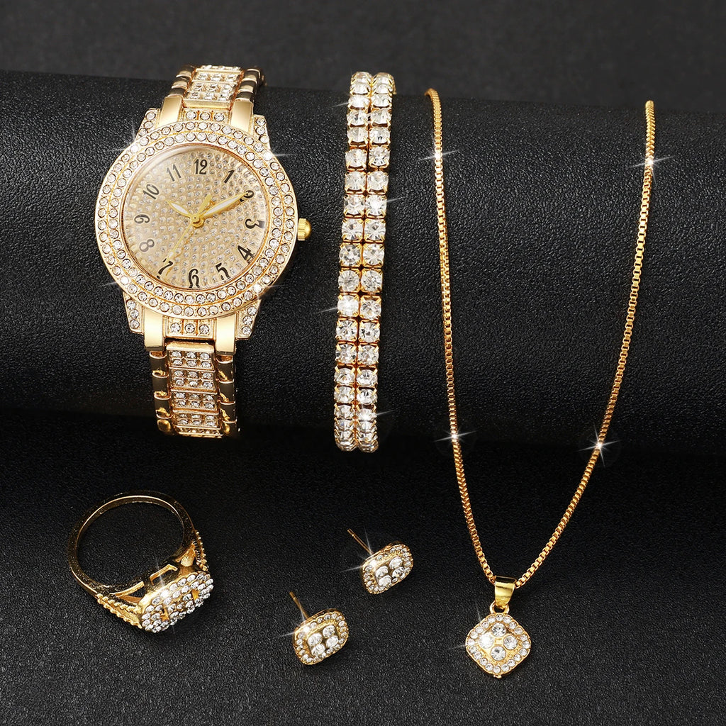 6Pcs Fashion Full Diamond Women'S'S Watch Gold Steel Band Analog Quartz Watches Jewelry Set（Without Box）