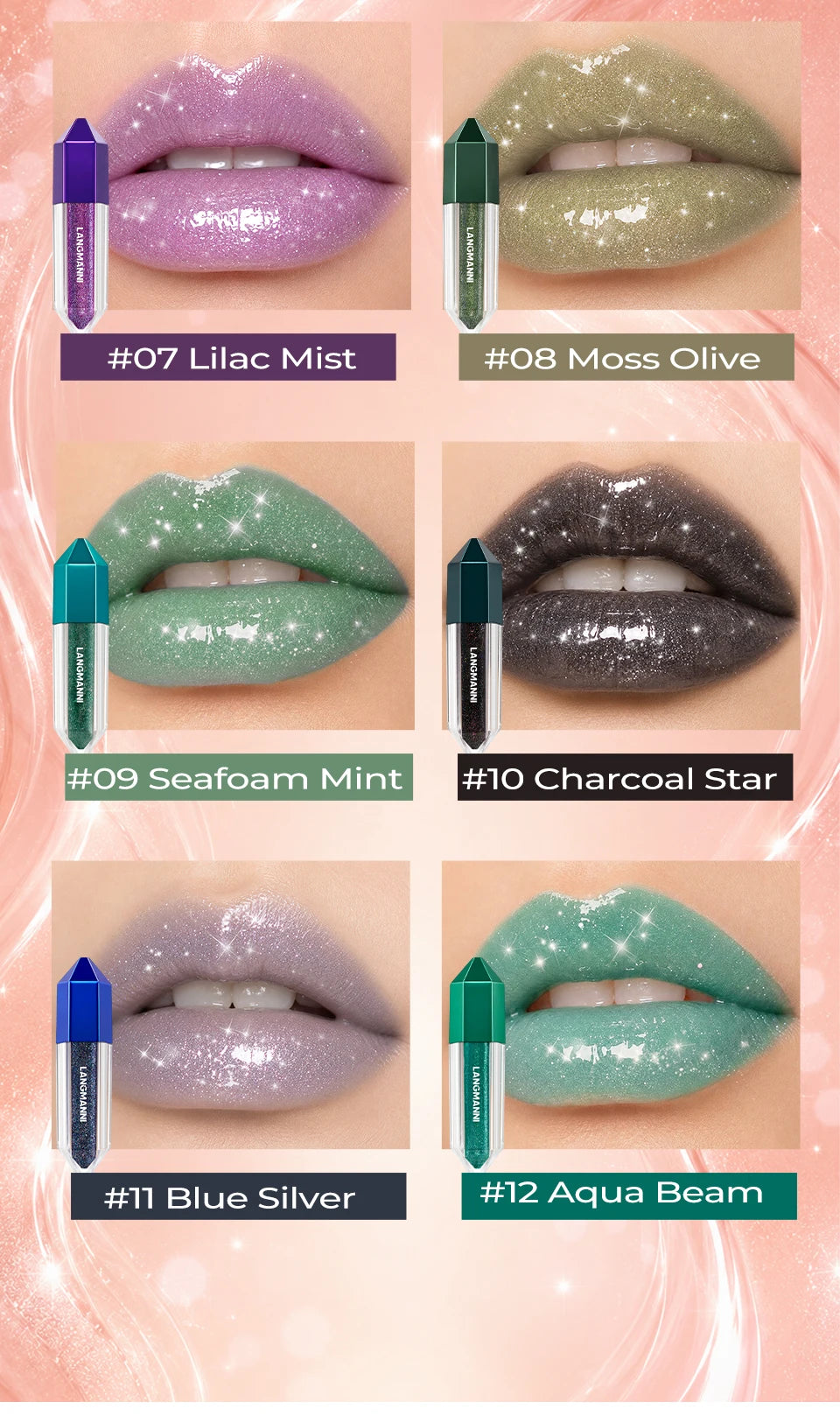 12Color Diamond Lip Glaze Pearl Sparkling Metallic Mirror Lip Gloss Moisturizing Gothic Black Rose Lipstick Halloween Lip Makeup
