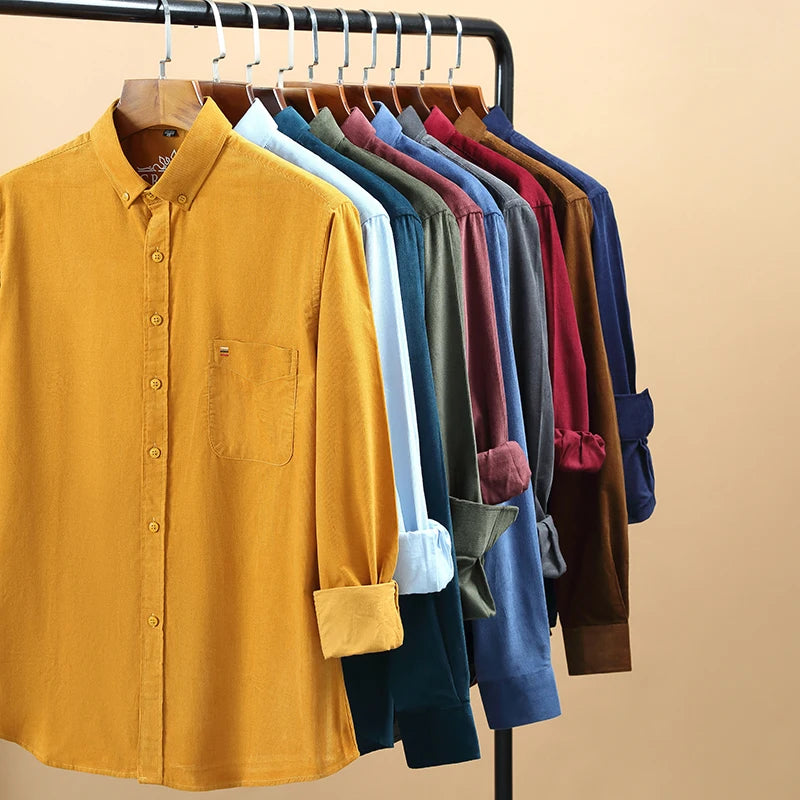 Autumn Winter Men Long Sleeve Regular Fit Business Solid Corduroy100% Cotton Casual Shirt For Mens Office Shirts With Pocket