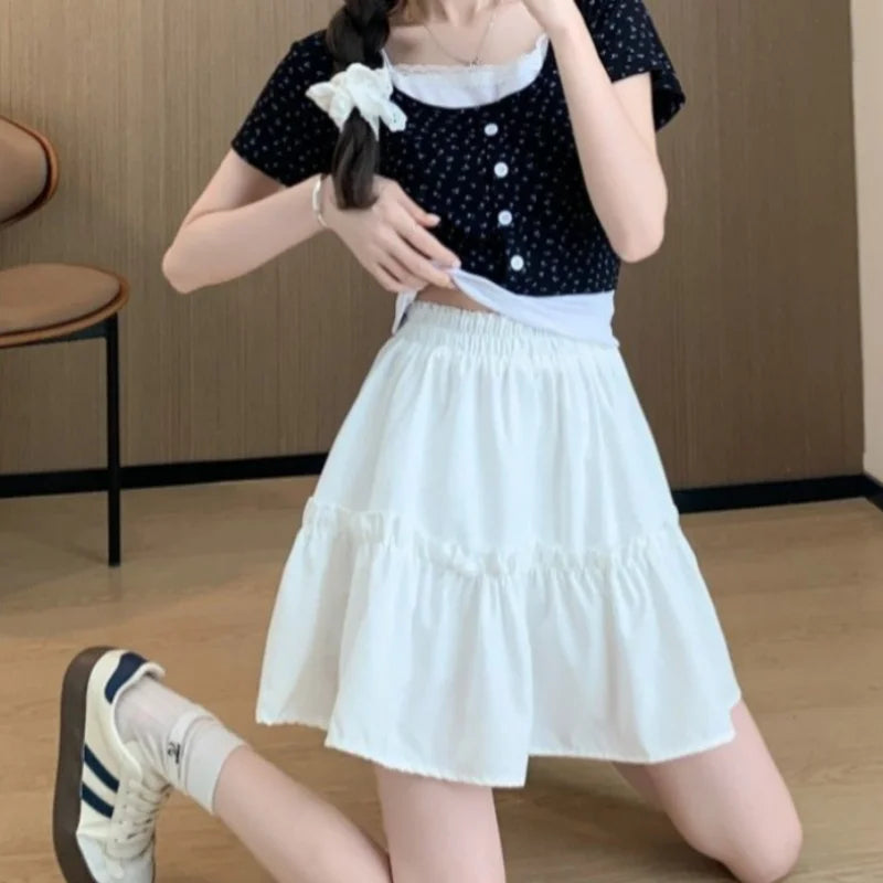 Korean Chic Y2K Sweet Girl's White Princess Mini Skirt Ballet-style Tiered Skirt Elastic High Waist Cake Skirt Shorts All-match