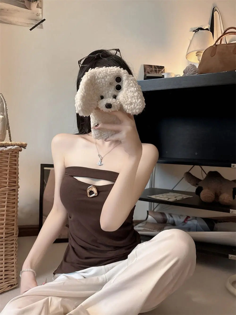 Sexy Slimming Red One-Shoulder Tube Top Women's Summer Fitted Hollow out Chest Pad Korean Style Thin T-Shirt Vest