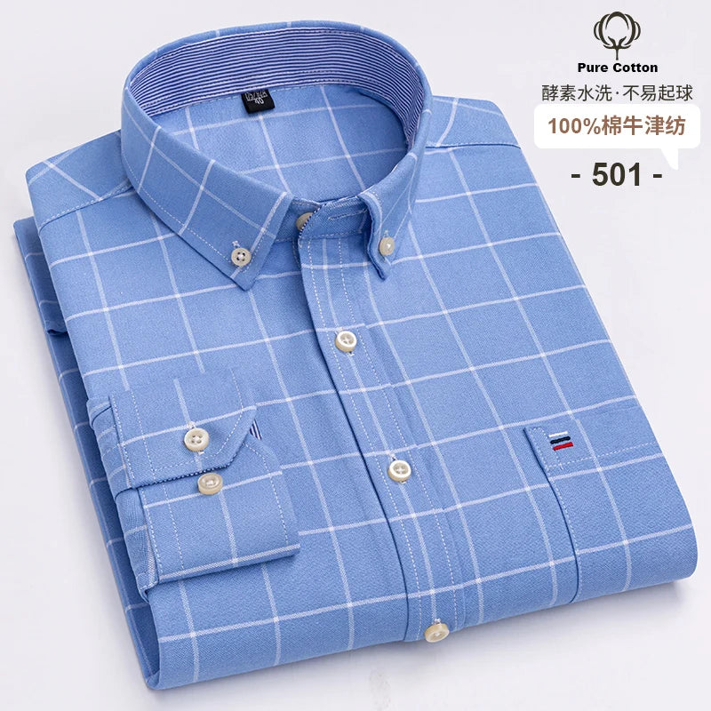 Men's 100% Cotton Oxford Plaid Dress Shirt - Long Sleeve Slim Fit