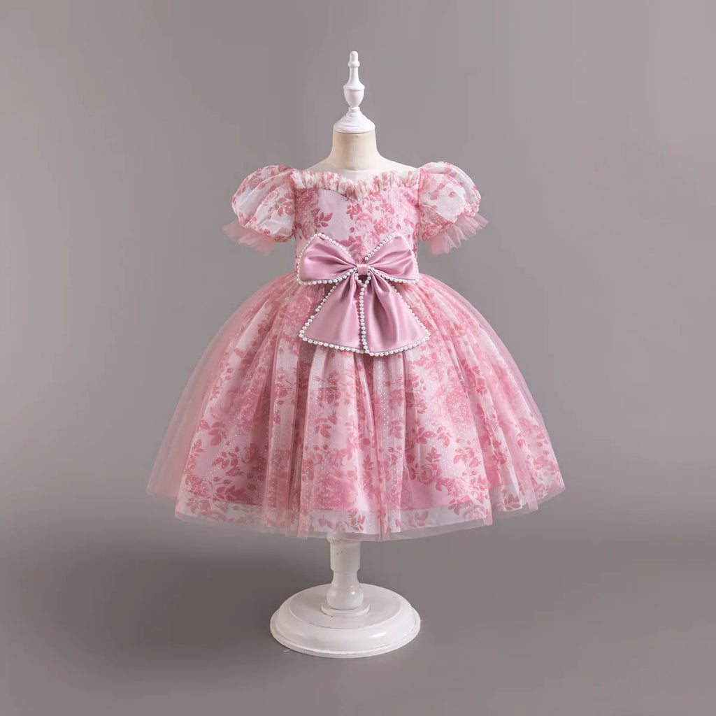 HETISO Princess Dress for Girls Beaded Bow Floral Lace Tulle Tutu Skirt Wedding Birthday Party Prom Gown Ages 2-10