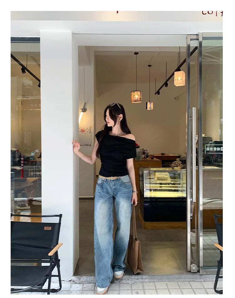 Slim Fit Short Sleeve T-Shirt Women Summer New Style Shoulder Bared Neckline Gathered Waist Elastic Band Casual Style Top