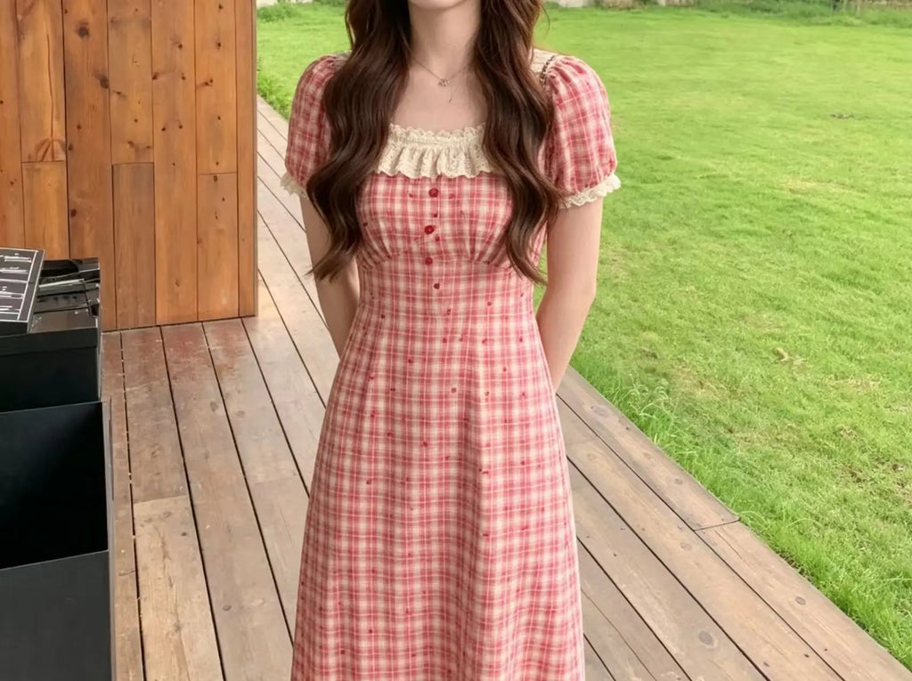 Retro Lace Red Plaid Heart Floral Summer Dress plus Size Waist Cinching Belly Covering Slimming Long A-Line Skirt Dress