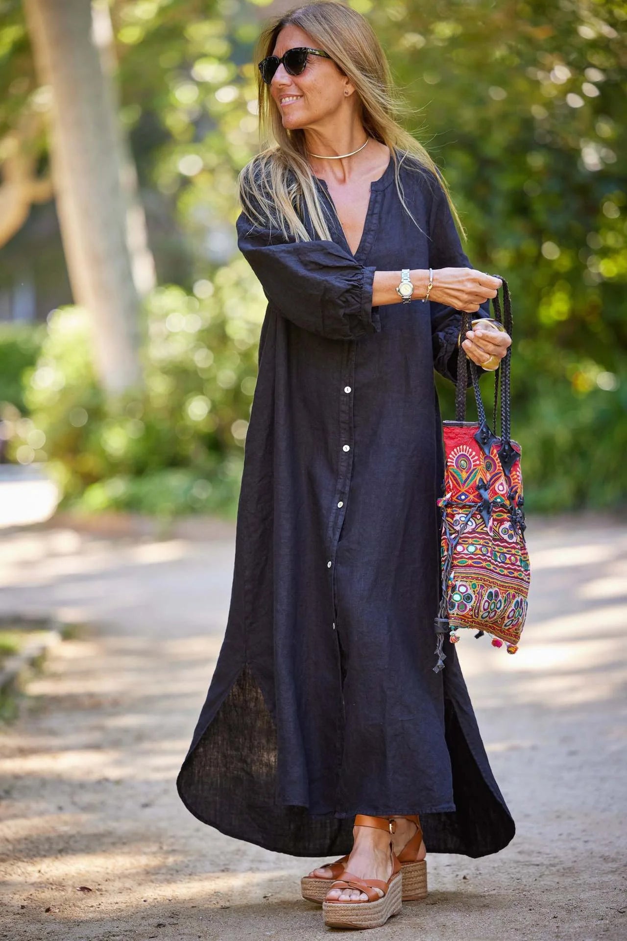 Women V Neck Lantern Long Sleeve Linen Maxi Dress Button Front Loose Casual Vacation Ladies Long Dress