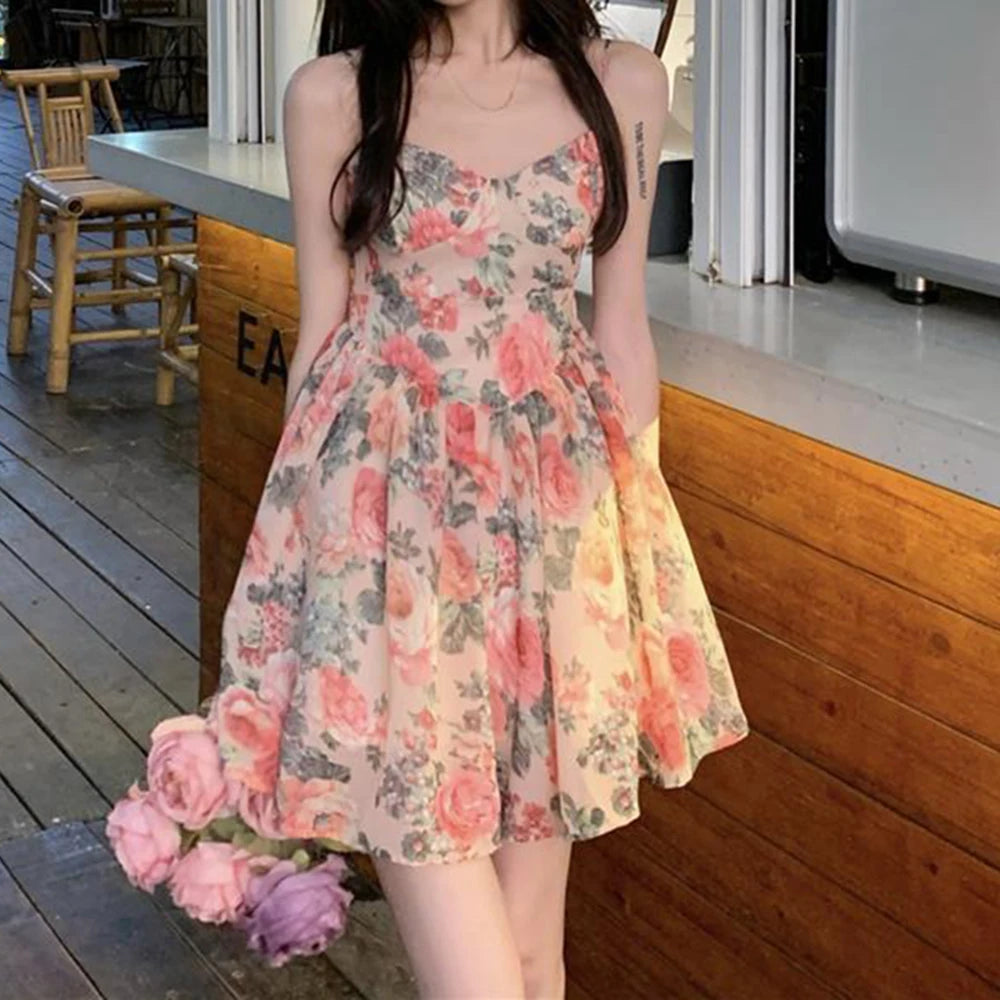 Women's Floral Print A-line Dress with Adjustable Straps and High Waist Design for Spring Summer Autumn Winter Wear