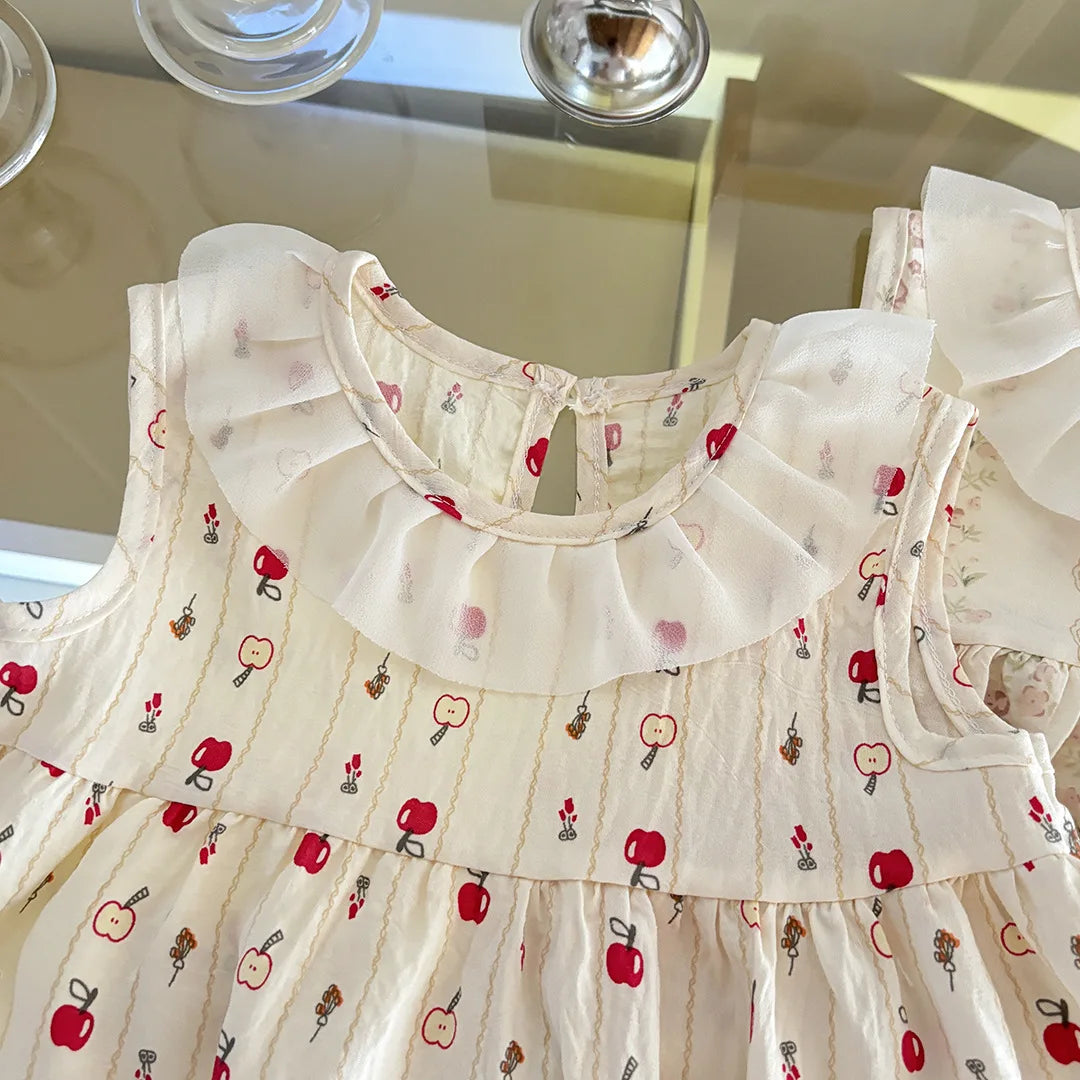Two-Piece Set  Sleeveless Princess Dress with Floral Print, Summer Thin Outfit for Baby Girls Baby Girl Cute Floral Skirt