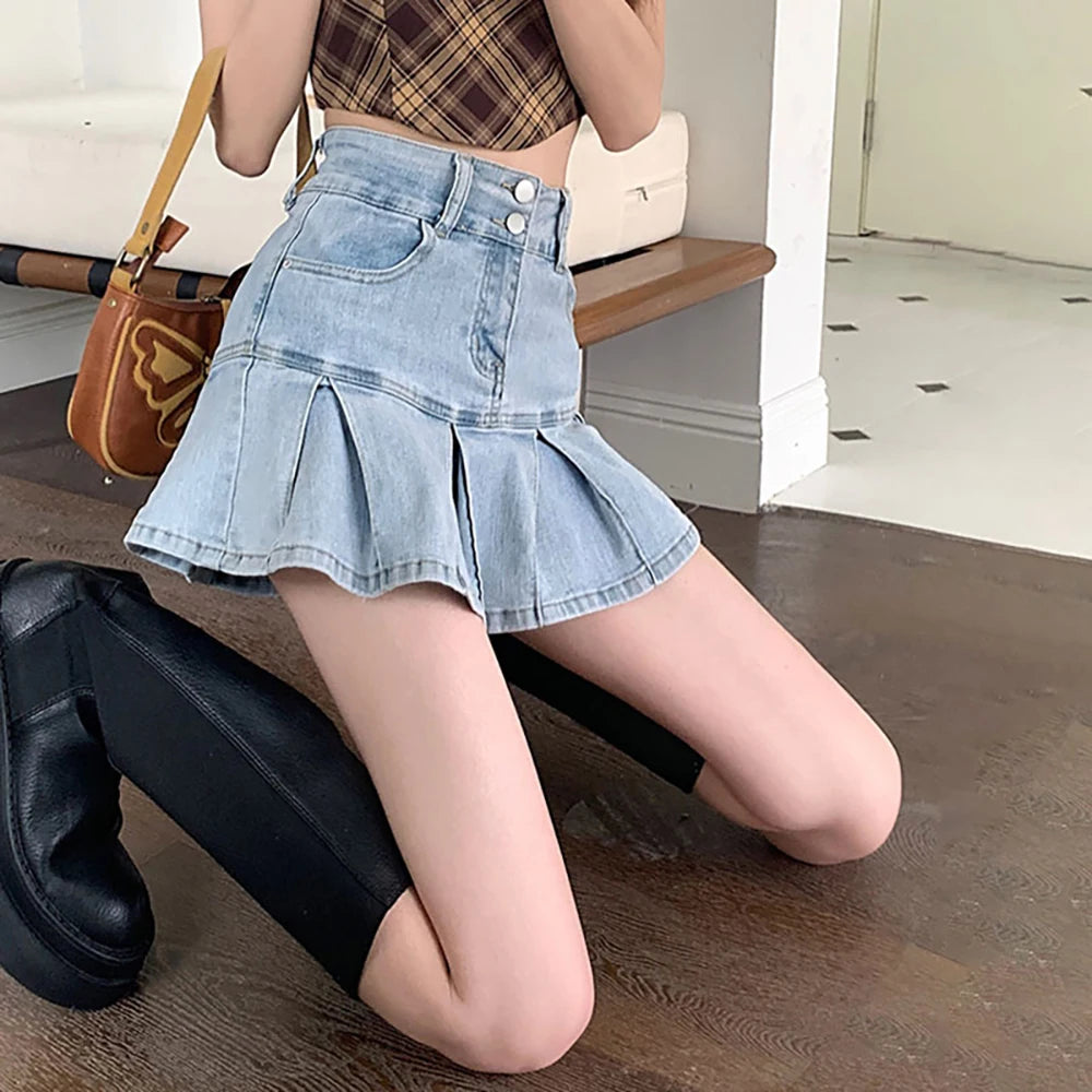 Women Pleated Denim Mini Skirt Summer High Waist Double Button Slim A-Line Skirts with Safety Shorts Y2K Style Party Wear Skirt