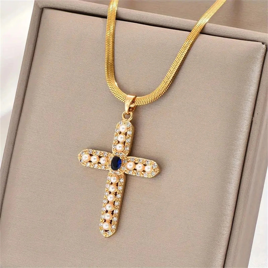 Zircon Pearl Cross Pendant Charms Chain Necklaces Ladies Fashion Exquisite Jewelry Gifts San125