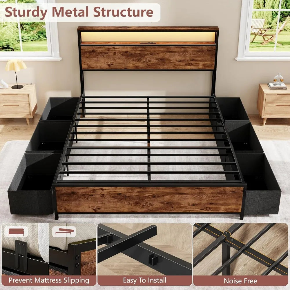 Queen Bed Frame with 2-Tier Storage Headboard & 6 Drawers, Heavy Duty Slats, USB & AC Ports, Brown