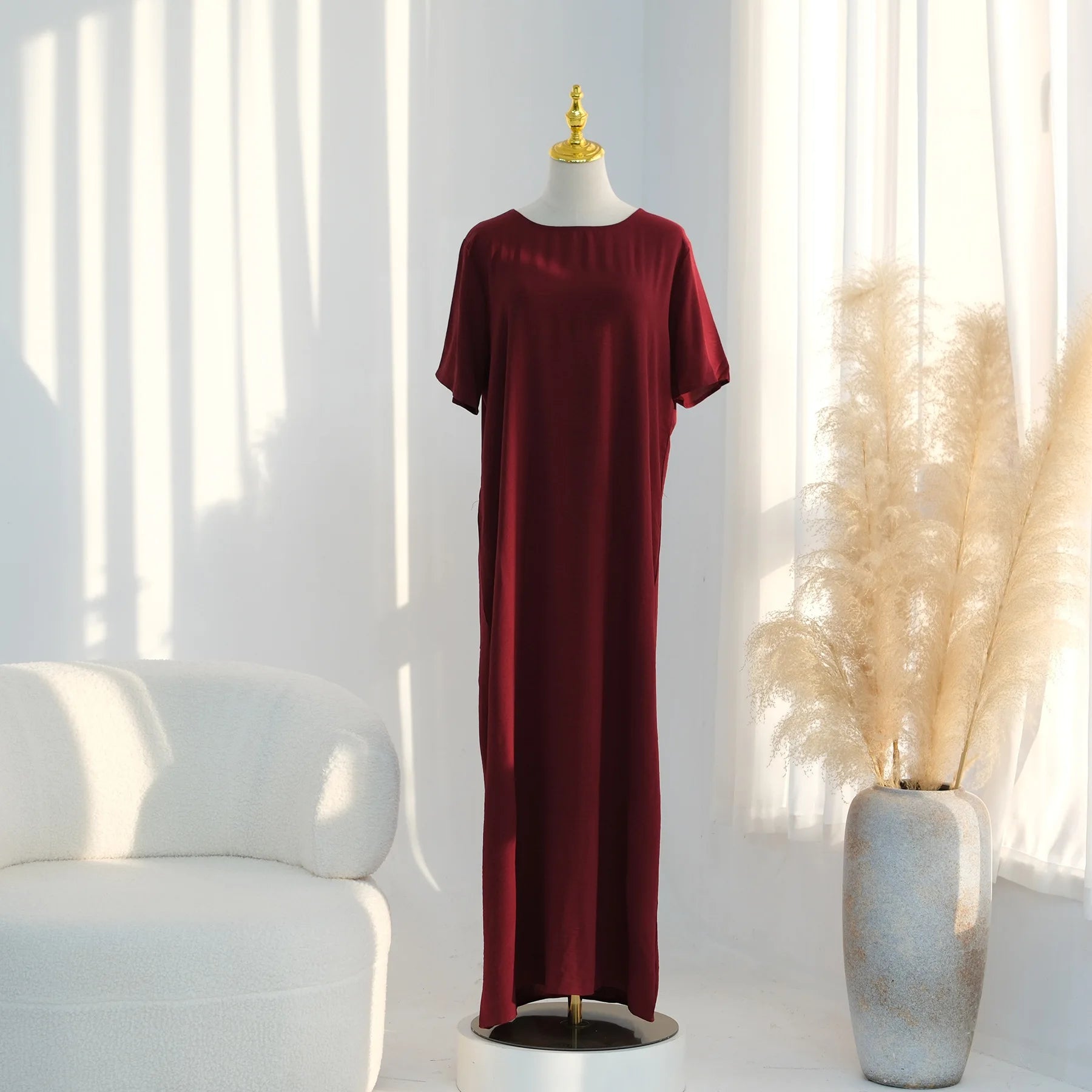 Modest Short Sleeve Women Inner Dress Basic Abaya Muslim Eid Ramadan Round Neck Maxi Loose Casual Long Versatile Fashion Kimono