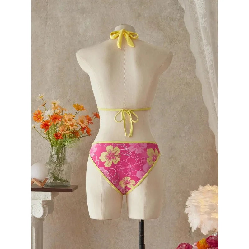 Elegant Floral Color Block Swimsuit Women Triangle Halter High-Waist Bikini Set Cover Up Skirt 2026 New Micro Bikini Three-Piece