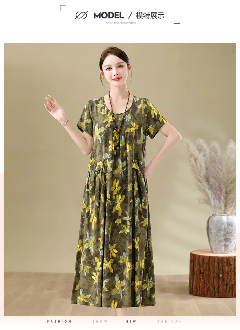 New Fashion Casual Summer Dresses For Women 2026 Loose Plus Size Clothes Elegant printting O-neck Short Sleeve Woman Clothing