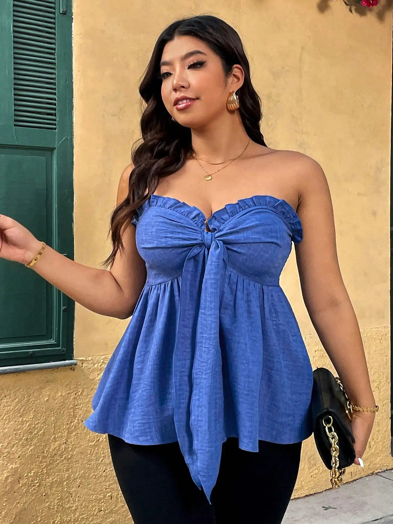 plus Size Women's Strapless Ruffle Hem Bow Tie Waist A-Line Top Elegant Casual plus Size Clothing for Women