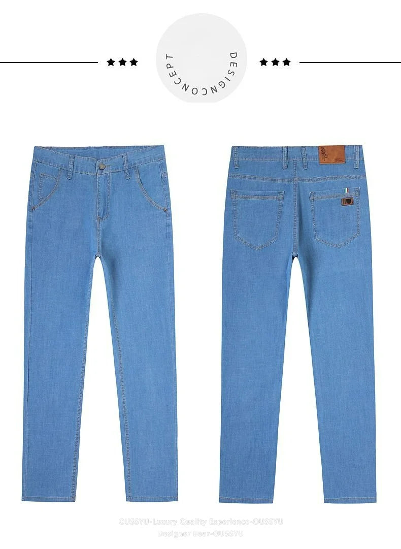 Summer Thin Men's Elastic Cotton Jeans Fashion Business Straight Casual Denim Pants Male Work Clothes Slim Trousers Plus Size 40