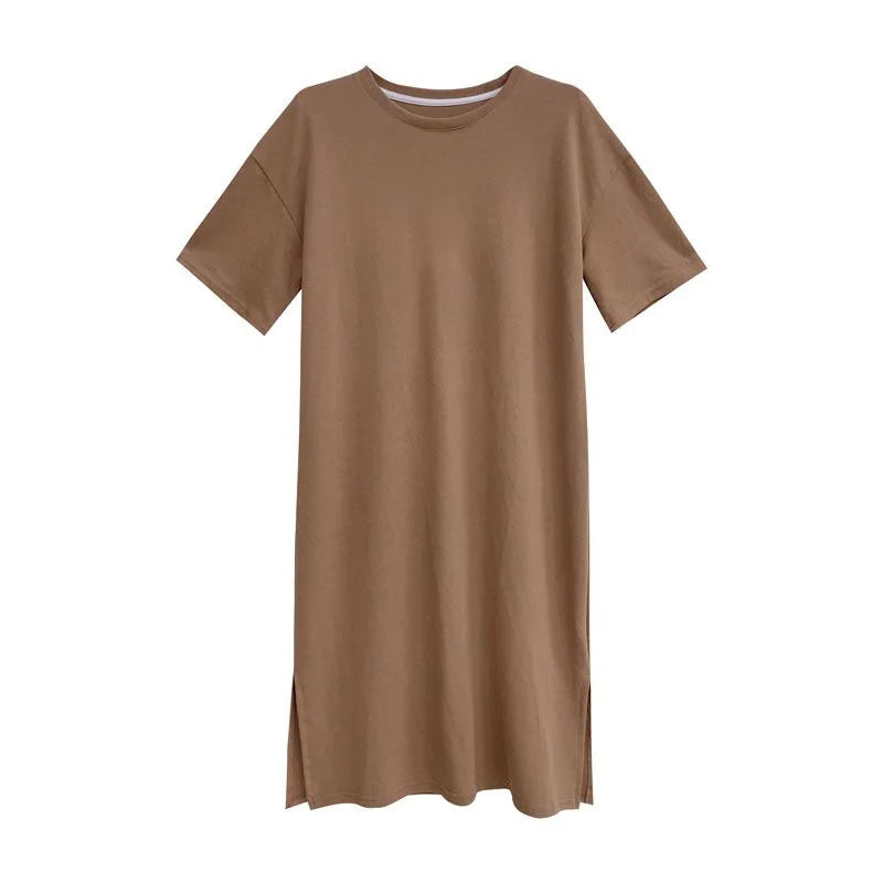 Women's Summer Plus Size Casual Dress 2026 New Loose Solid Color Knee Length Split Hem T Shirt Dress