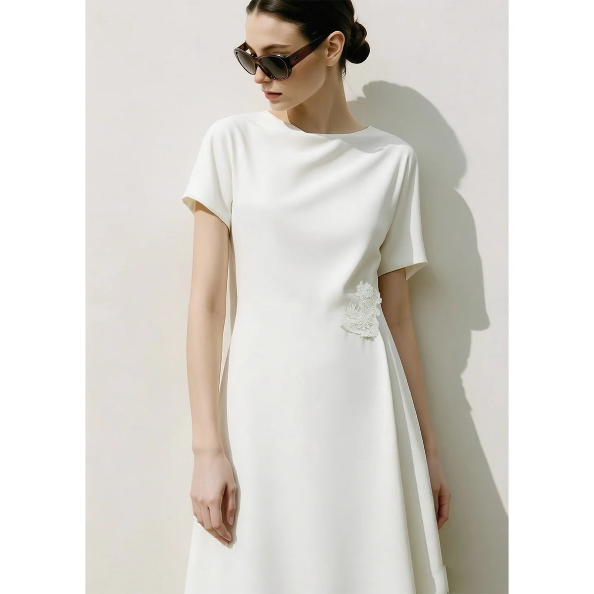 Amii Women's A-Line Midi Dress - Asymmetric Cowl Neck Lace Dress