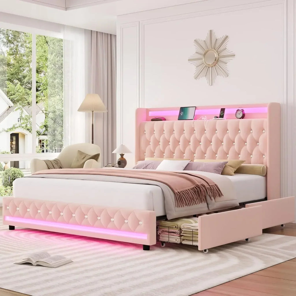 Upholstered Queen LED Bed Frame with Charging Station and 2 Storage Drawers Velvet Crystal Button Tufted Wingback Headboard