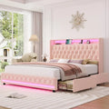 Upholstered Queen LED Bed Frame with Charging Station and 2 Storage Drawers Velvet Crystal Button Tufted Wingback Headboard