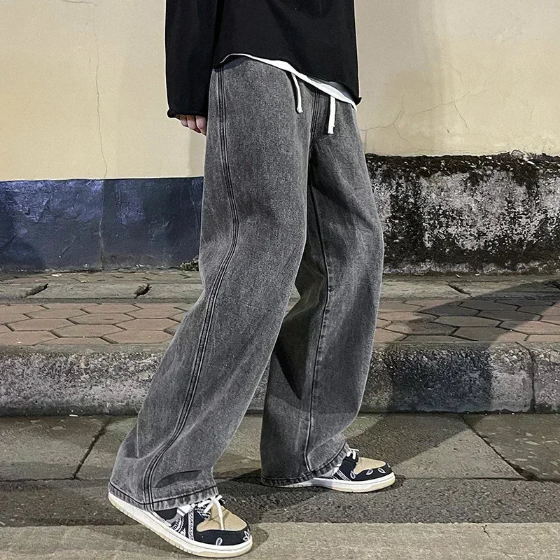 2026 New Streetwear Loose Jeans Men Korean Style Fashion Loose Straight Wide Leg Pants Men's Brand Clothing Black Light Blue