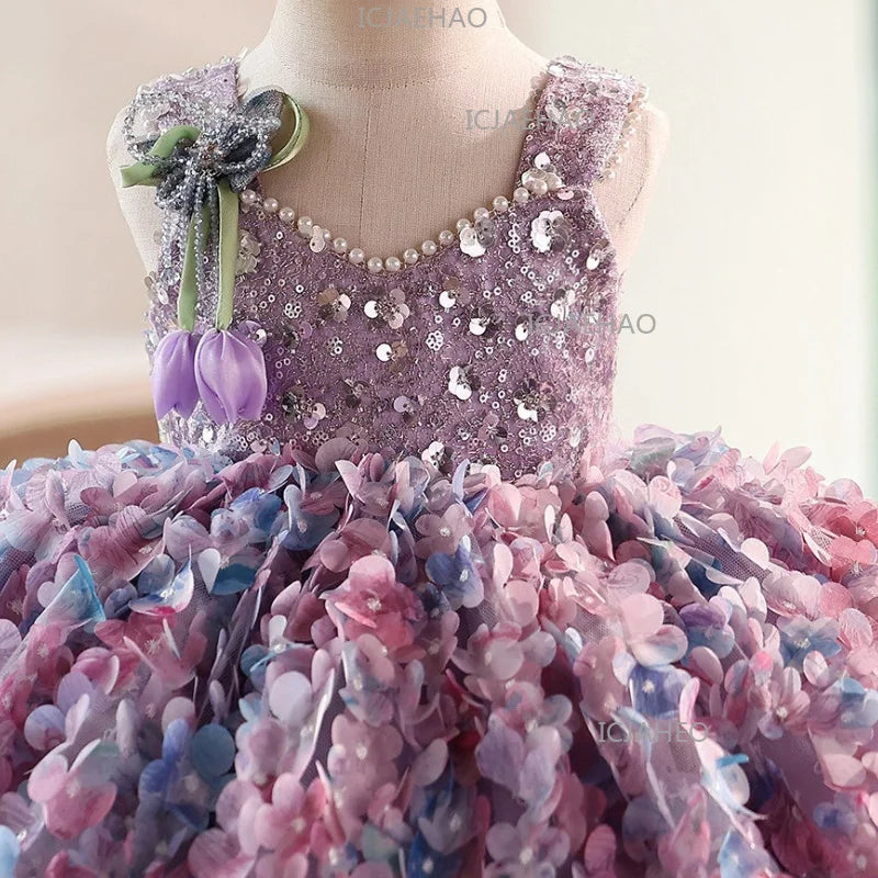 2026 Cute Sweet Purple Children Fashion Floral Sleeveless Kids Host Princess Gown Costume Girls Birthday Party Dress Summer New