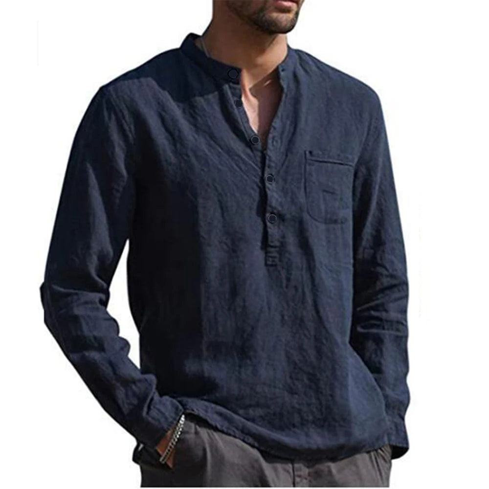 Cotton Linen  Men'S Long-Sleeved Shirts Summer Solid Color Stand-Up Collar Casual Beach Style Plus Size