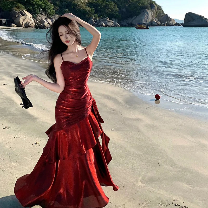 LGRQ 2026 Summer Blue Niche Strap Dress Fishtail Elegant Long Dresses Solid Color Female Elegant Party Gown 19DA2013