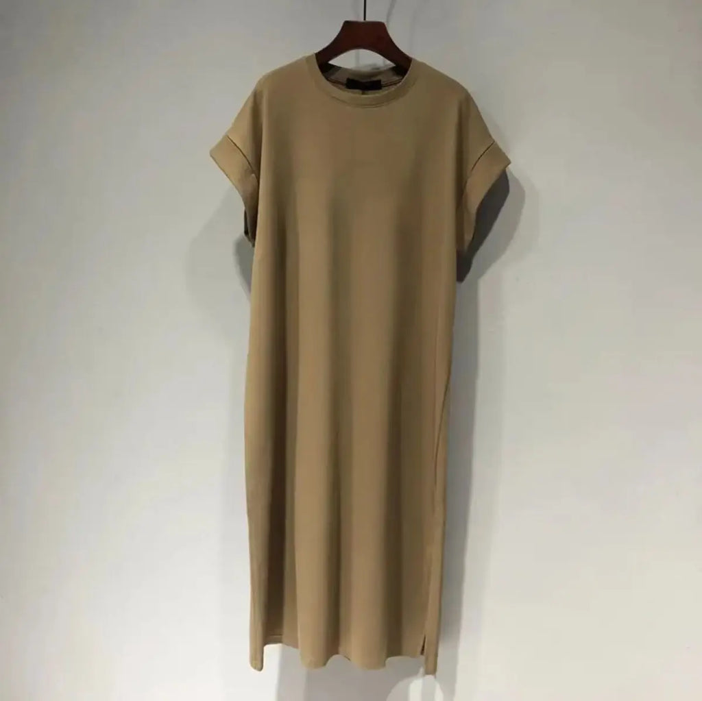 Women Cotton T-Shirt Dress Crew Neck Short Sleeve Loose Split Side Summer Casual Maxi Dress