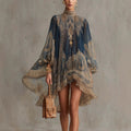 New European-style High-neck Printed Chiffon Dress with Loose, Casual Vacation-themed Shawl Sleeves.