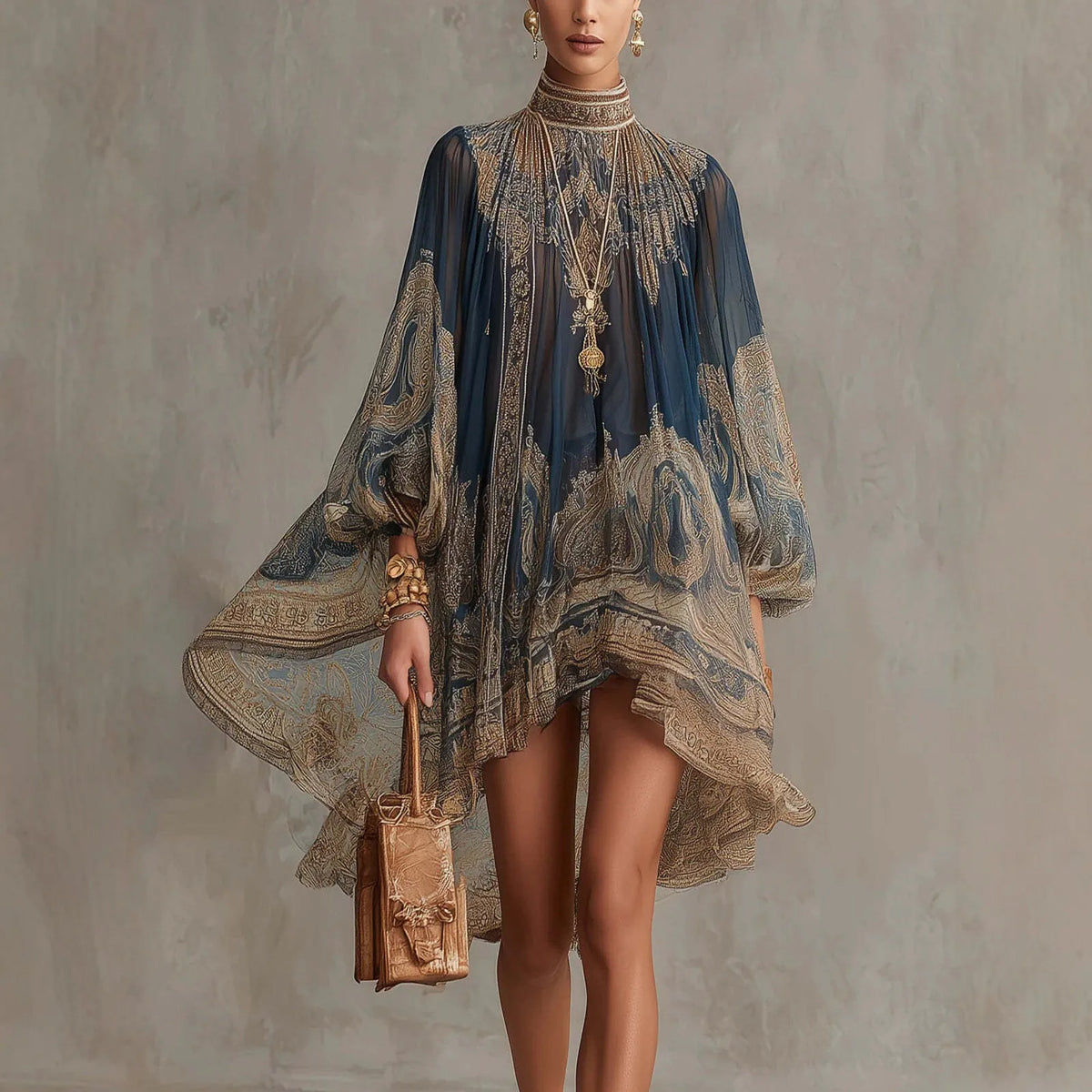 New European-style High-neck Printed Chiffon Dress with Loose, Casual Vacation-themed Shawl Sleeves.