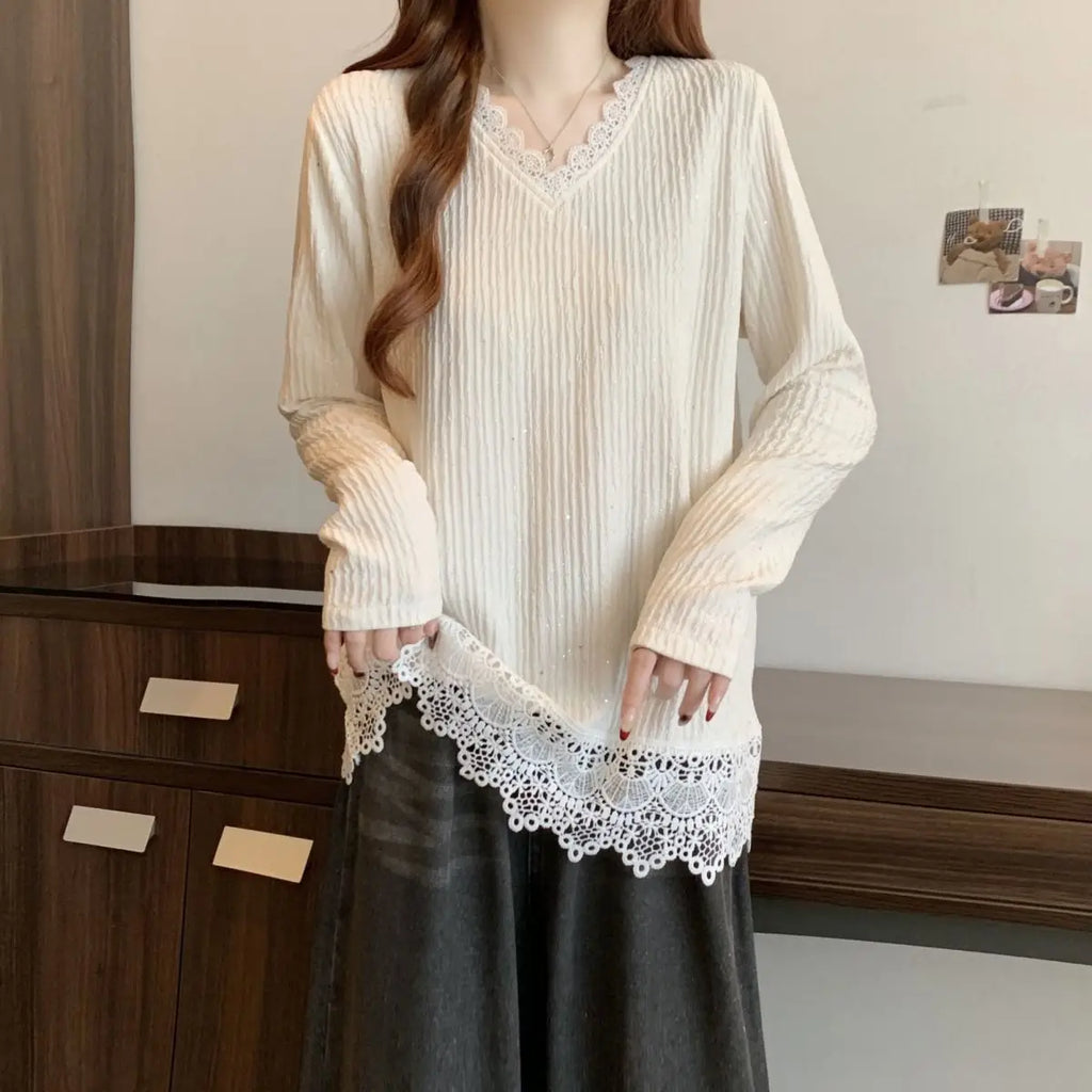 Lace Splicing Long Sleeve T-shirt Female Loose Slimming V-Neck Top
