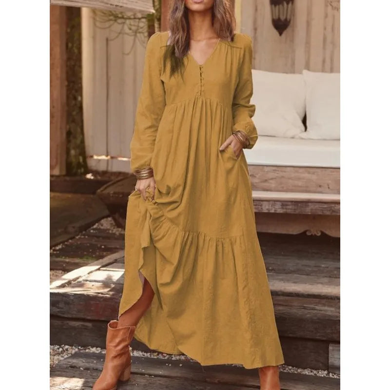 Loose Long Sleeve Cotton Linen Dress Retro Button Spring Autumn Vacation Women Skirt