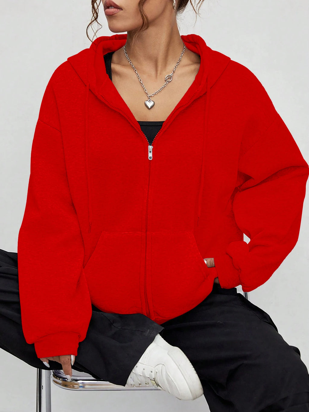 Plus Size Solid Zipper Hoodies Women Warm Fleece Hooded Sweatshirt Autumn Casual Sportswear Pocket Jogging Clothing Street Coat