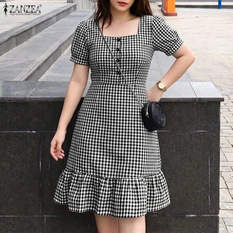 ZANZEA Vintage Gingham Knee-Length Dress Woman Suqare Neck Puff Sleeves Ruffled Hem Dresses Summer Casual Daily Wear Vestidos