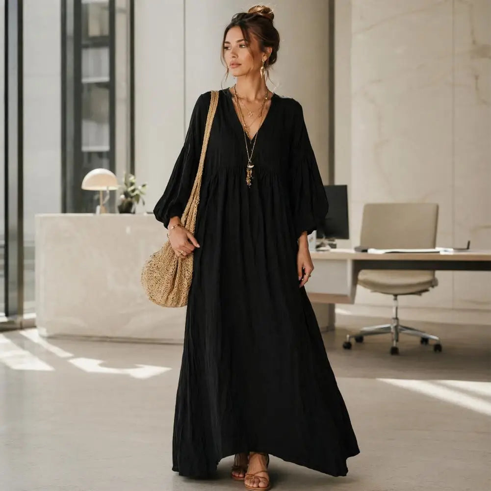 Women Dress Loose Fit Dress Women’s V Neck Maxi Dress Puff Sleeve A-line Flowy Sundress Casual Boho Beach with 3/4 Sleeves