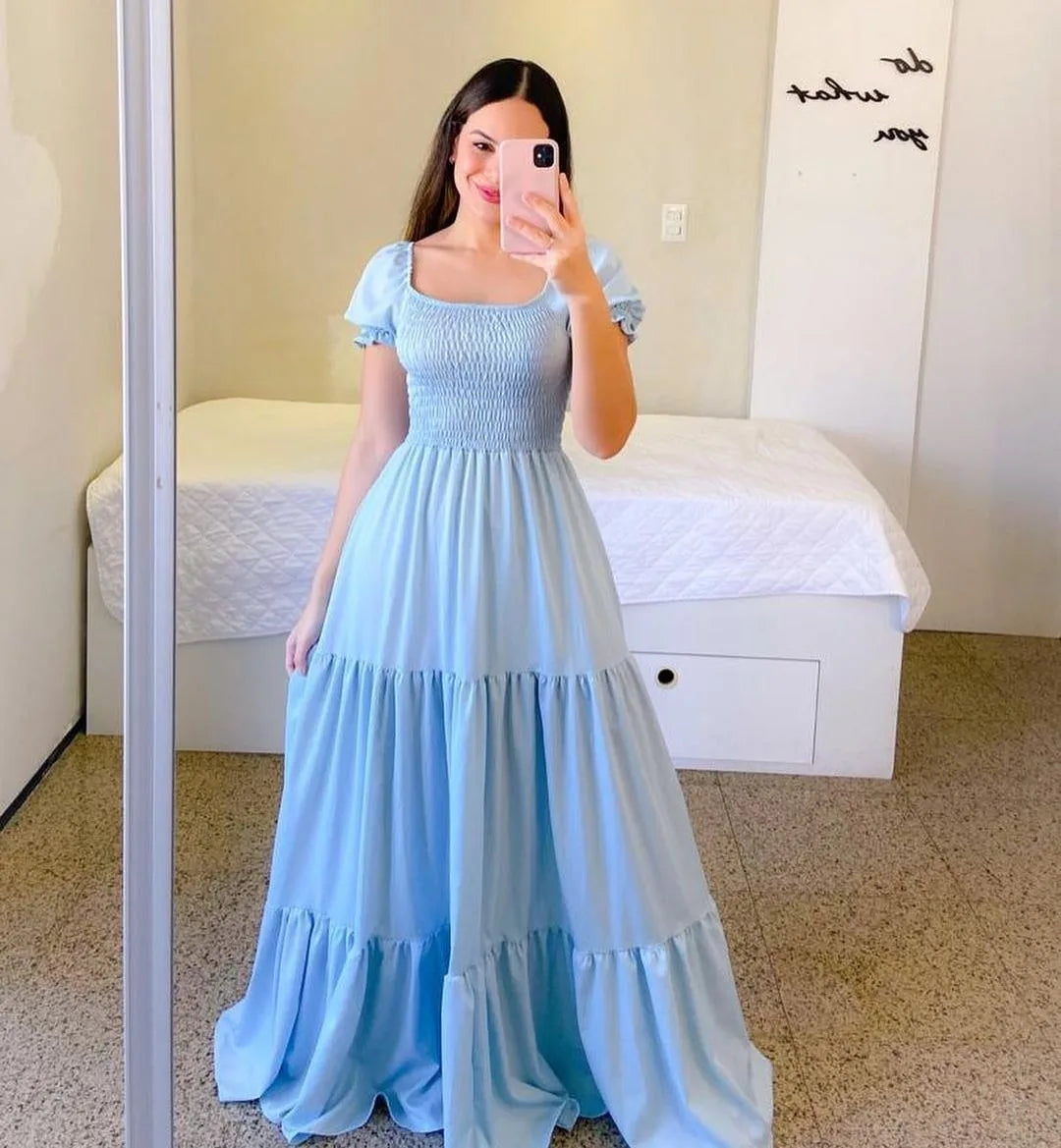 New Women's Boho Floral Dress Spring Summer European American Women's Clothing Off-shoulder Fragrant Long Solid Color Dress